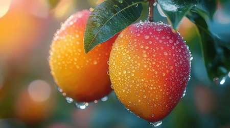 Mango fruit on the tree with dew drops in the morningの素材