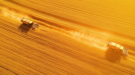 Combine harvester working on the large wheat field at sunsetの素材
