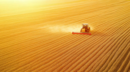 Combine harvester working on the large wheat field at sunsetの素材