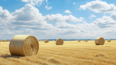 Harvested field with straw bales and blue sky with cloudsの素材