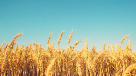 Golden ears of wheat on a blue sky background. Close-up.の素材