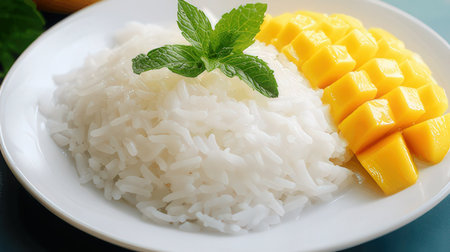 Mango and sticky rice on white plate with green mint leaves.の素材