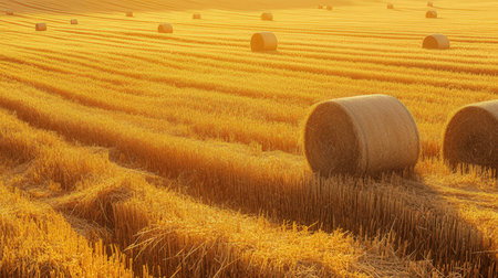 Rural landscape with straw bales in the field. 3d renderの素材