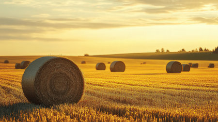 Rural landscape with hay bales on the field at sunset.の素材