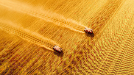 Combine harvester in action on wheat field. Aerial viewの素材