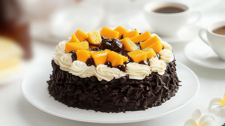 Chocolate cake with orange slices and whipped cream on white plate.の素材