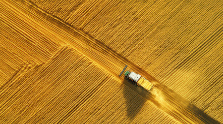 Aerial view of combine harvester working on the large wheat fieldの素材