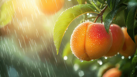 Ripe peaches on a branch in the garden in the rainの素材