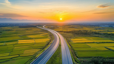 Aerial view of the highway and rice fields in the countryside at sunset.の素材