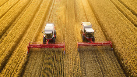Combine harvester working on a wheat field. Aerial viewの素材