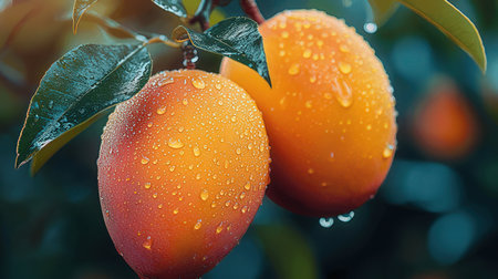 Mango fruit on the tree with drops of water after the rainの素材