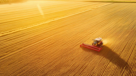 Combine harvester working on the large wheat field at sunsetの素材