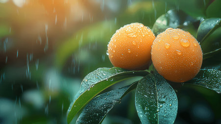 Close up of fresh kumquat fruits with rain drops on green leavesの素材