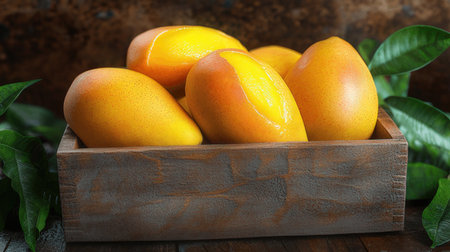 Ripe yellow mangoes in a wooden box on a wooden backgroundの素材