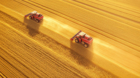 Combine harvester working on the large wheat field. Tractor working on the large wheat field.の素材