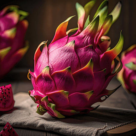 Dragon fruit on wooden table, close-up, selective focus.の素材