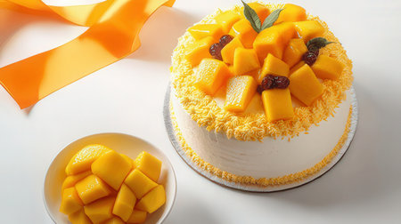 Mango cake on white background. Top view. Copy space.の素材