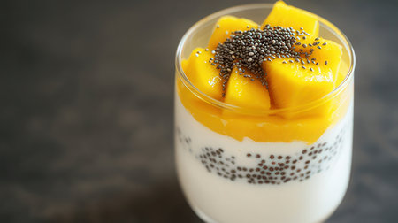 Pudding with mango and chia seeds in glass on dark backgroundの素材