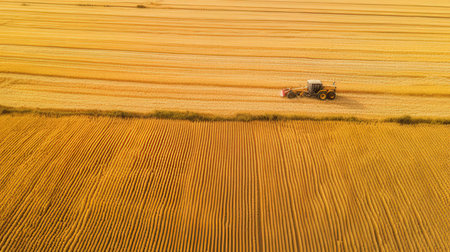 Aerial view on the tractor working on the large wheat field.の素材
