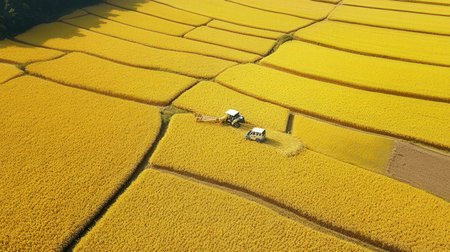 Aerial view of tractor working on rice paddy field in Taiwanの素材