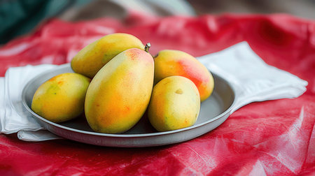 Ripe mangoes in a plate on a red tablecloth.の素材