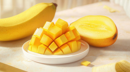 Sliced mango on a plate with bananas on a light backgroundの素材