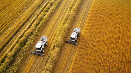 Aerial view of combine harvester working on the large wheat fieldの素材