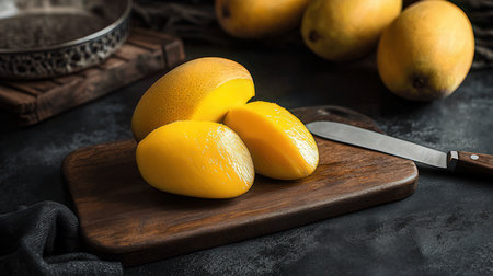 Sliced ripe yellow mango on a wooden cutting board. Dark background.の素材