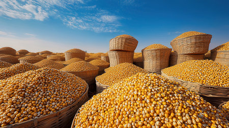 Dry corn in a basket on the background of the blue skyの素材