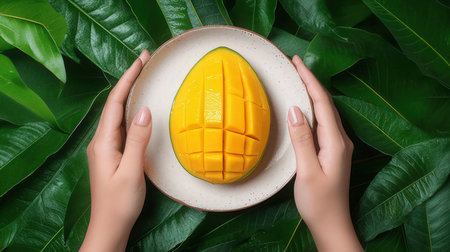 Top view of female hands holding mango on plate over green leaves backgroundの素材
