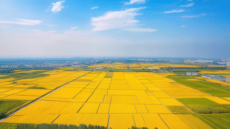 Aerial view of yellow rapeseed field under blue sky in springの素材