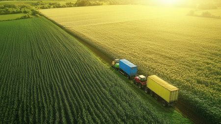 Aerial view of the combine harvester working on the large wheat fieldの素材