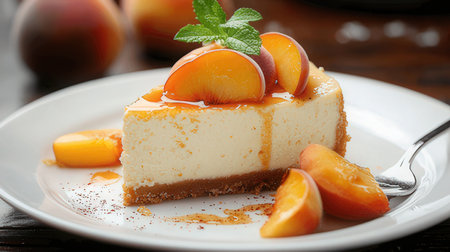 Delicious cheesecake with fresh peaches on plate, closeupの素材