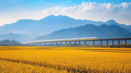 Rice field and high-speed train in Hangzhou, Chinaの素材