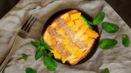 top view of toasted bread with mango and mint on wooden tableの素材
