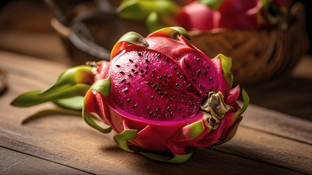 Dragon fruit on wooden table. Tropical fruit. Dragon fruit on wooden table.の素材
