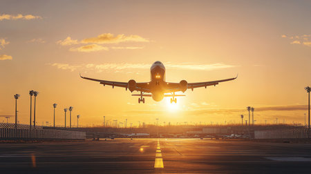 Airplane in the airport at sunset. Travel and transportation concept.の素材
