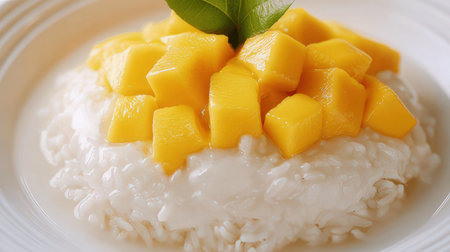 Mango and sticky rice on white dish,Thai dessert.の素材