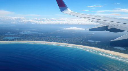 View from the window of a plane flying above the sea and blue skyの素材