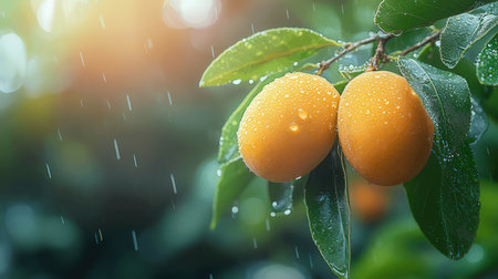 Close-up of ripe yellow plums on the tree in the rainの素材