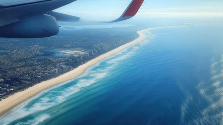 Aerial view of the wing of an airplane flying above the oceanの素材