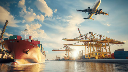 Container Cargo freight ship with working crane bridge in shipyard for Logistic Import Export background.の素材