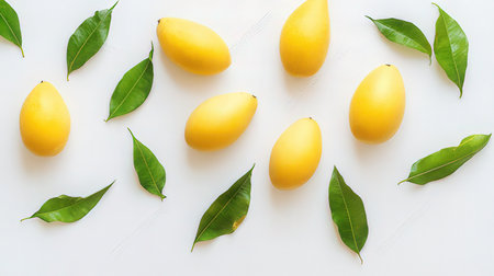 Mango fruits with green leaves on white background. Flat lay, top viewの素材