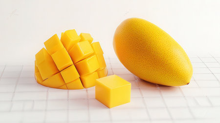 Mango slices and cubes on a white background. Close-up.の素材