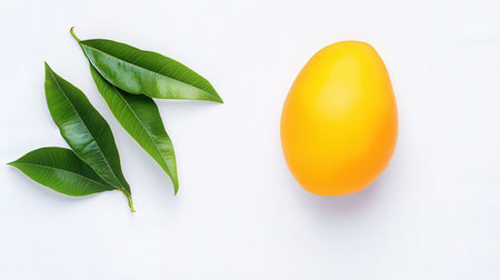 Yellow mango with green leaves on white background. Flat lay, top viewの素材