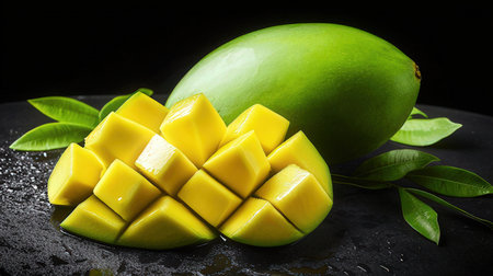 Fresh mango with green leaves on black slate background. Selective focus.の素材