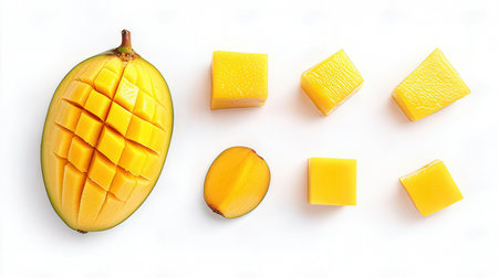 Mango slices isolated on white background. Top view, flat layの素材
