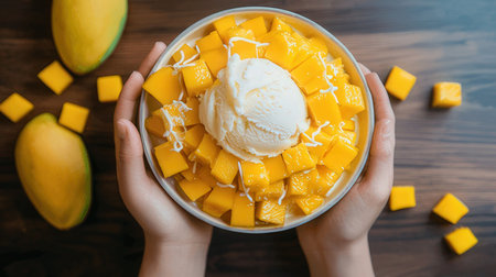 Mango ice cream in bowl with mango fruits on wooden table.の素材