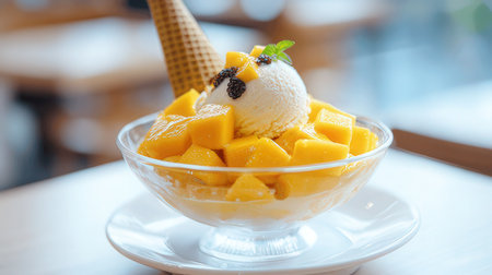 Mango ice cream with waffle cone in coffee shop, stock photoの素材
