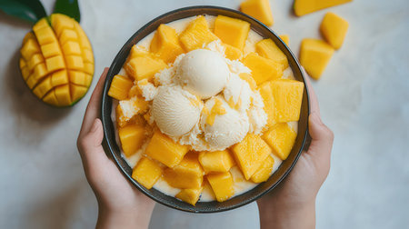 Mango ice cream in a bowl with mango and mango slices.の素材